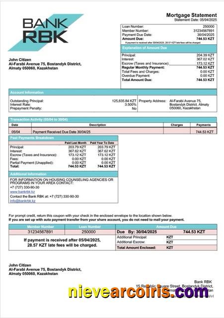 Editable Kazakhstan Bank RBK Mortgage Statement Word And PDF Template