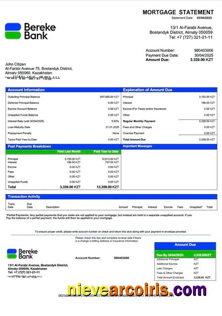 Premium Kazakhstan Bereke Bank Kazakhstan Mortgage Statement Word And PDF Template