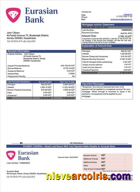 Premium Kazakhstan Eurasian Bank Mortgage Statement Word And PDF Template
