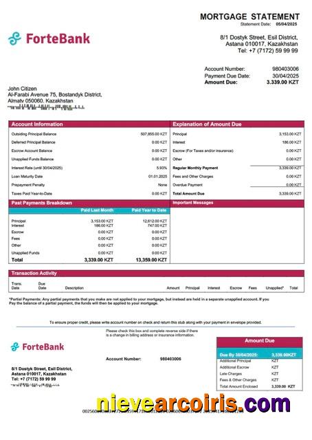 Realistic Kazakhstan ForteBank Mortgage Statement Word And PDF Template