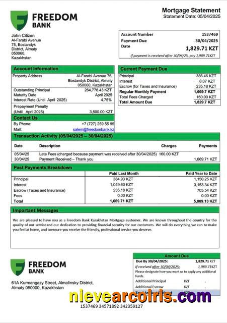 Realistic Kazakhstan Freedom Bank Kazakhstan Mortgage Statement Word And PDF Template