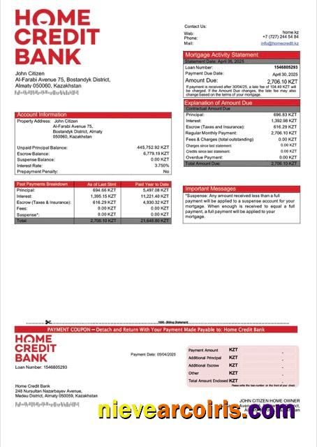Professional Kazakhstan Home Credit Bank Kazakhstan Mortgage Statement Word And PDF Template