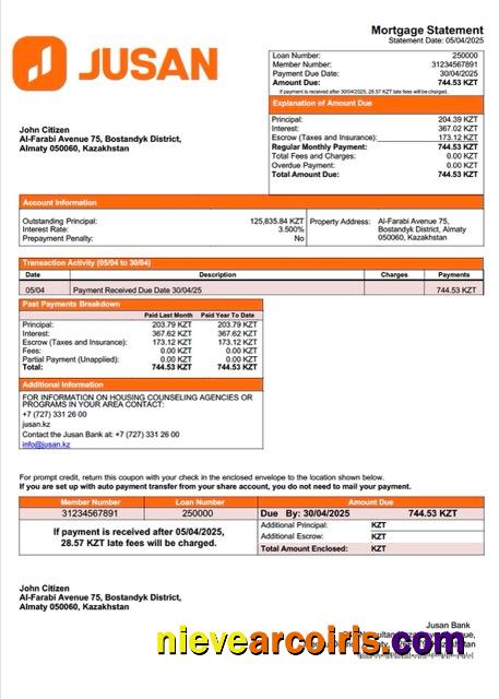 Editable Kazakhstan Jusan Bank Mortgage Statement Word And PDF Template