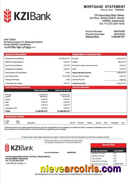 Professional Kazakhstan KZI Bank Mortgage Statement Word And PDF Template