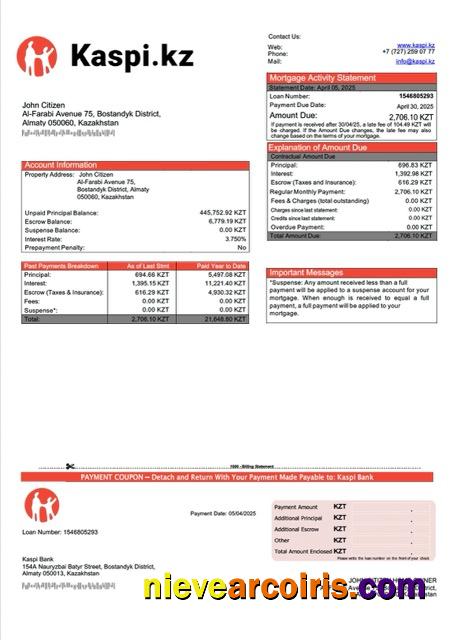 Realistic Kazakhstan Kaspi Bank Mortgage Statement Word And PDF Template