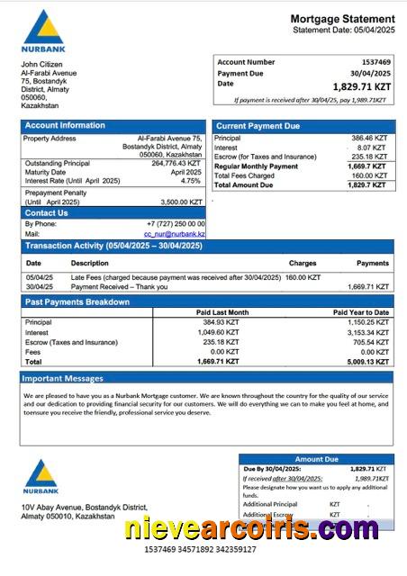 Editable Kazakhstan Nurbank Mortgage Statement Word And PDF Template