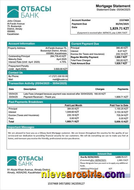 Realistic Kazakhstan Otbasy Bank Mortgage Statement Word And PDF Template