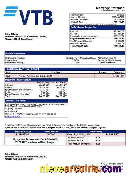 Realistic Kazakhstan VTB Bank Kazakhstan Mortgage Statement Word And PDF Template