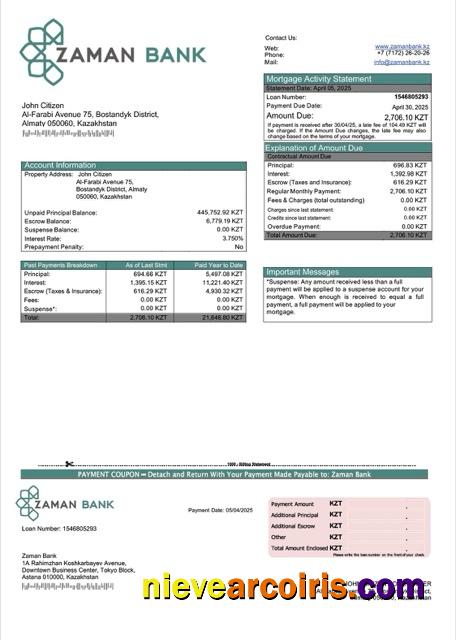 Realistic Kazakhstan Zaman Bank Mortgage Statement Word And PDF Template