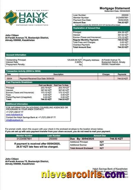 Realistic Kazakhstan Halyk Savings Bank Of Kazakhstan Mortgage Statement Word And PDF Template