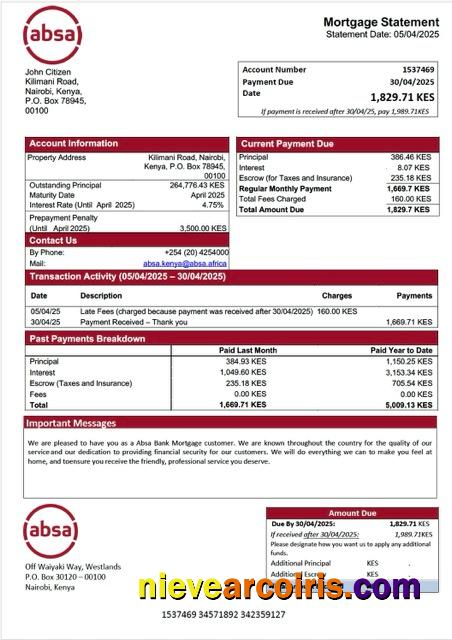 Realistic Kenya Absa Bank Mortgage Statement Word And PDF Template