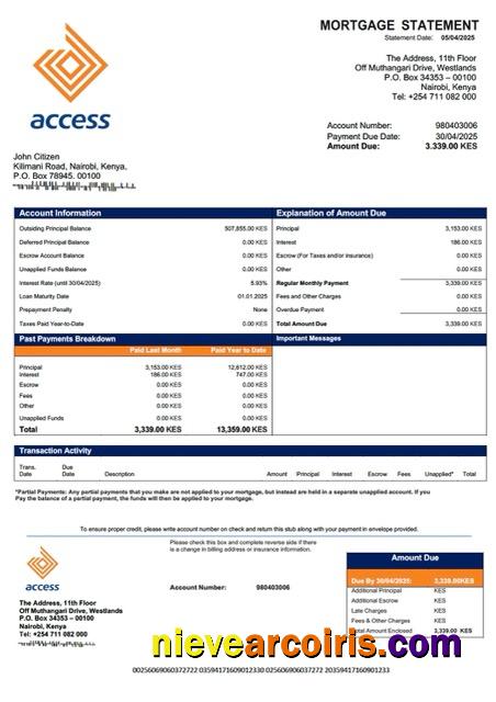 Editable Kenya Access Bank Mortgage Statement Word And PDF Template