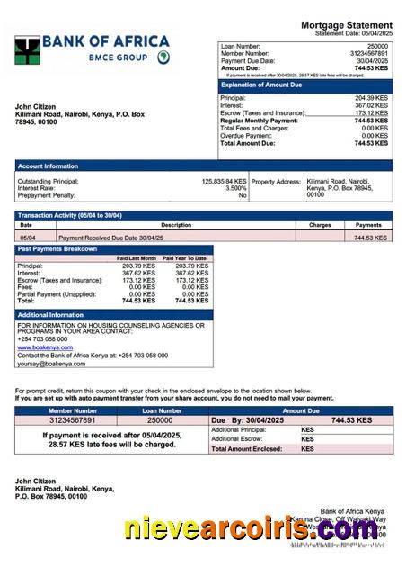 Professional Kenya Bank Of Africa Kenya Mortgage Statement Word And PDF Template