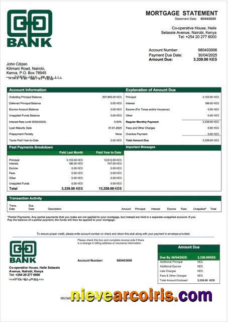 Premium Kenya Co Operative Bank Of Kenya Mortgage Statement Word And PDF Template
