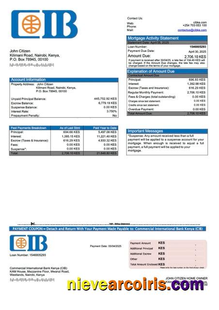 Realistic Kenya Commercial International Bank Kenya (CIB) Mortgage Statement Word And PDF Template