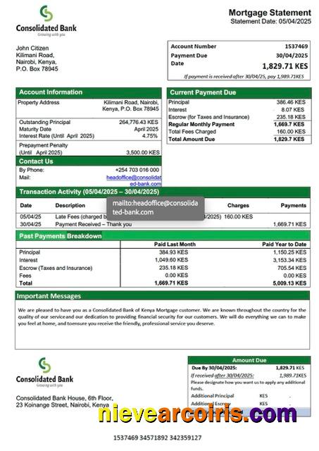Editable Kenya Consolidated Bank Of Kenya Mortgage Statement Word And PDF Template