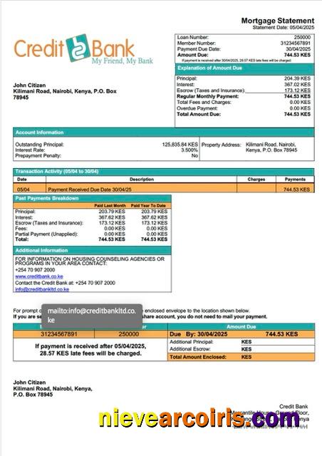 Editable Kenya Credit Bank Mortgage Statement Word And PDF Template