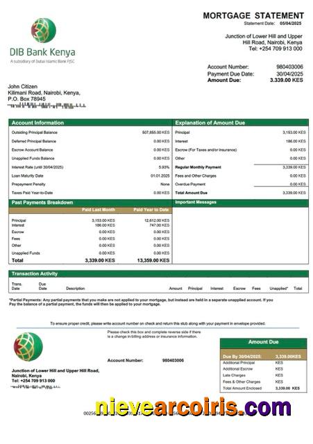 Professional Kenya DIB Bank Kenya Mortgage Statement Word And PDF Template