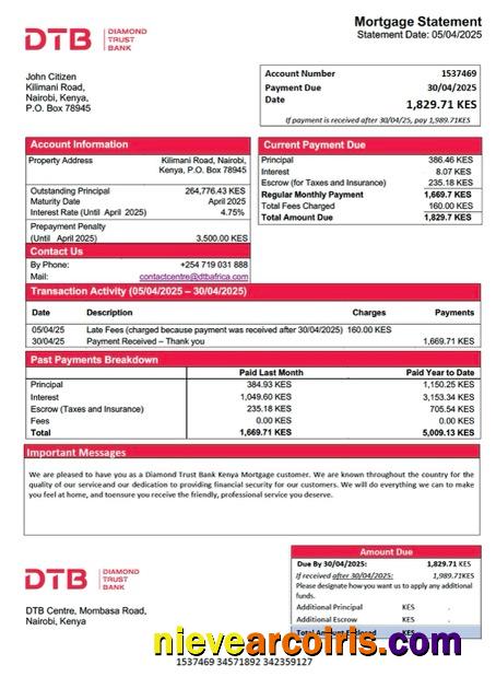 Professional Kenya Diamond Trust Bank Kenya Mortgage Statement Word And PDF Template