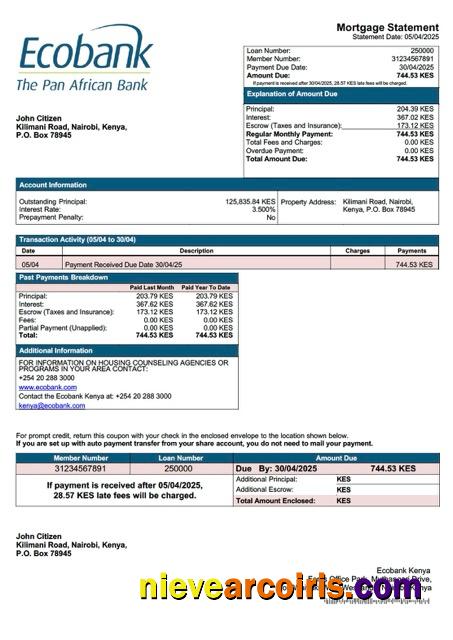 Editable Kenya Ecobank Kenya Mortgage Statement Word And PDF Template