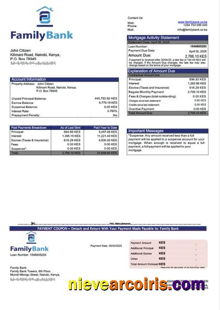 Editable Kenya Family Bank Mortgage Statement Word And PDF Template