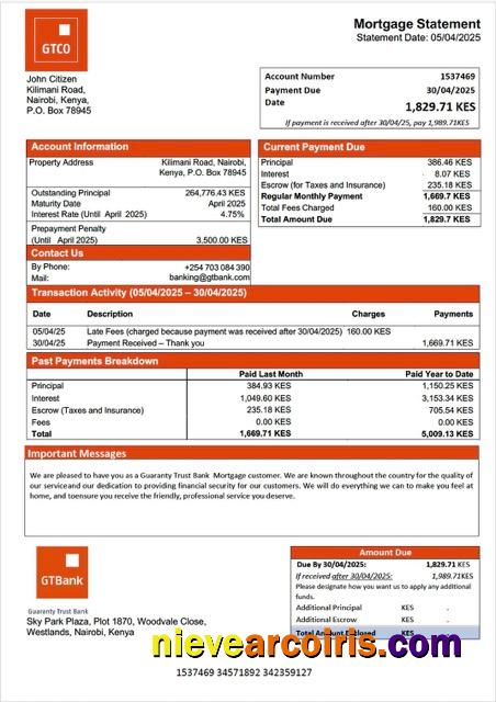 Professional Kenya Guaranty Trust Bank Mortgage Statement Word And PDF Template