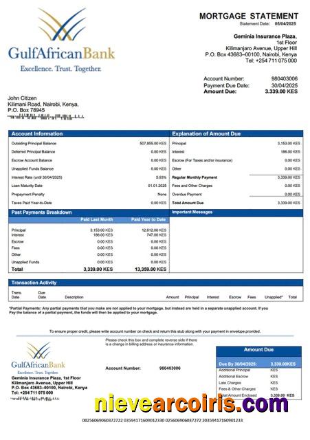 Realistic Kenya Gulf African Bank Mortgage Statement Word And PDF Template