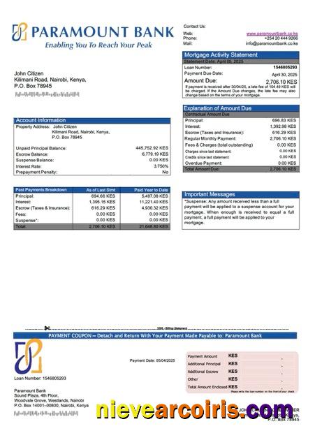 Premium Kenya Paramount Bank Mortgage Statement Word And PDF Template