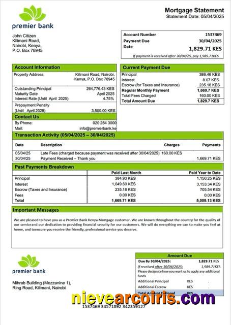 Realistic Kenya Premier Bank Kenya Mortgage Statement Word And PDF Template