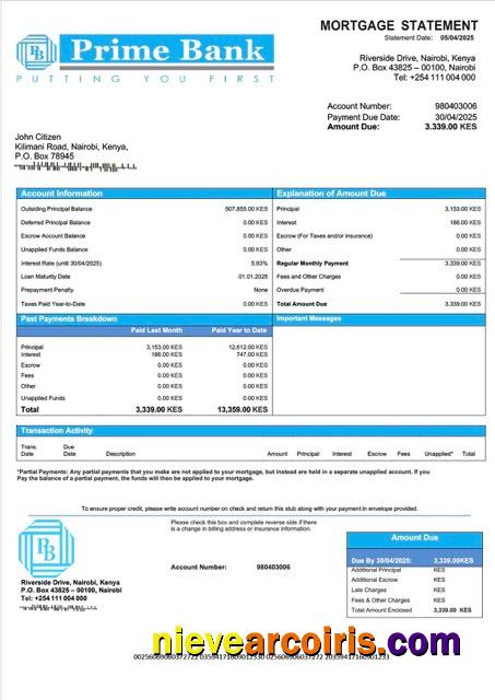 Professional Kenya Prime Bank Mortgage Statement Word And PDF Template