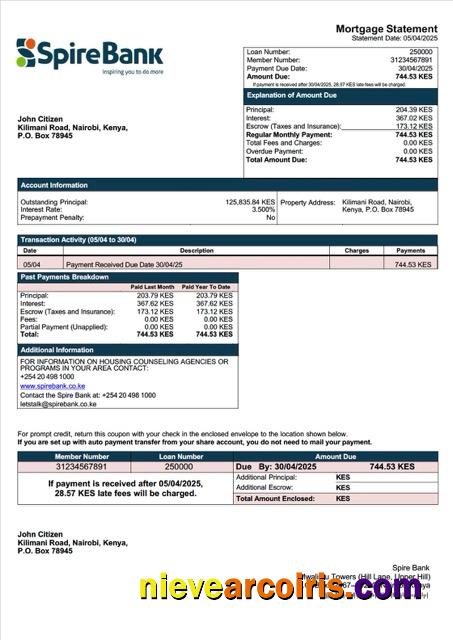 Editable Kenya Spire Bank Mortgage Statement Word And PDF Template
