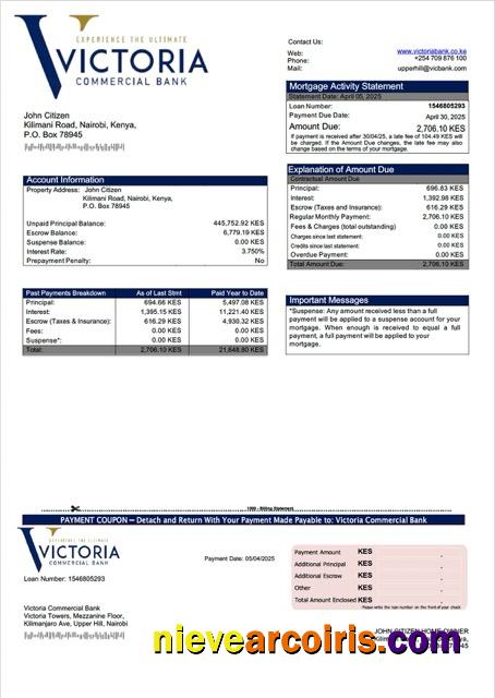 Professional Kenya Victoria Commercial Bank Mortgage Statement Word And PDF Template