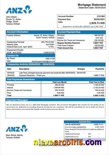 Editable Kiribati ANZ Bank Mortgage Statement Word And PDF Template