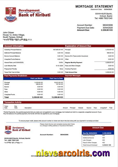 Professional Kiribati Development Bank Of Kiribati Mortgage Statement Word And PDF Template