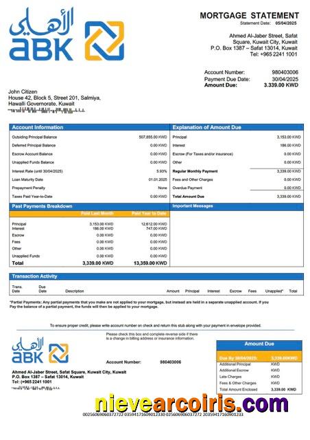Editable Kuwait Al Ahli Bank Of Kuwait Mortgage Statement Word And PDF Template