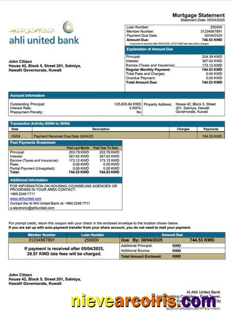 Editable Kuwait Al Ahli United Bank Mortgage Statement Word And PDF Template