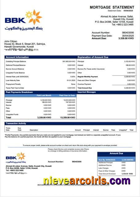 Realistic Kuwait Bank Of Bahrain And Kuwait Mortgage Statement Word And PDF Template