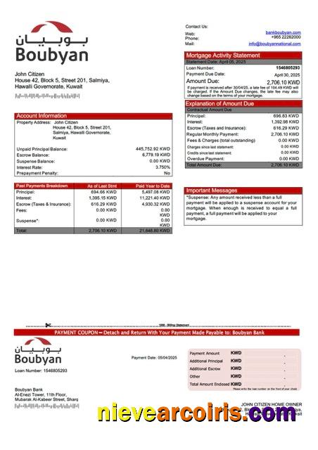 Premium Kuwait Boubyan Bank Mortgage Statement Word And PDF Template
