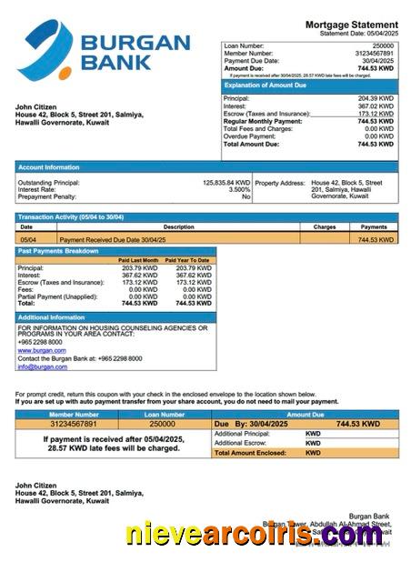 Professional Kuwait Burgan Bank Mortgage Statement Word And PDF Template