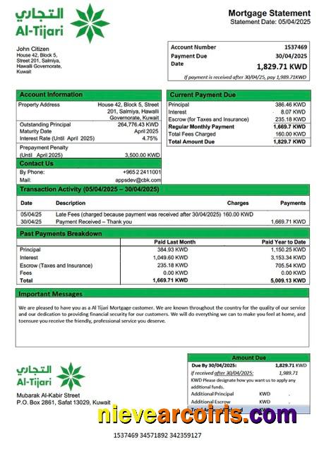 Editable Kuwait Commercial Bank Of Kuwait (Al Tijari) Mortgage Statement Word And PDF Template