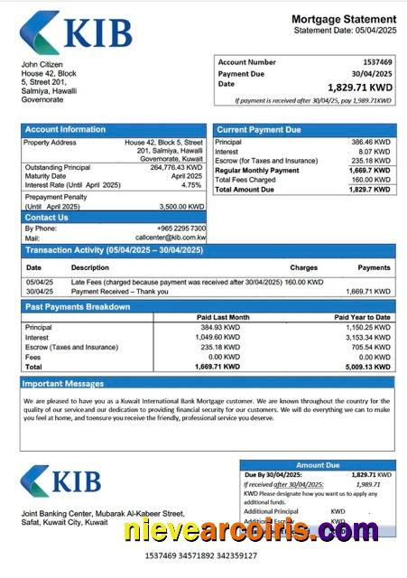 Editable Kuwait International Bank Mortgage Statement Word And PDF Template