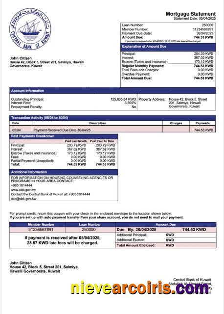 Editable Kuwait Central Bank Of Kuwait Mortgage Statement Word And PDF Template