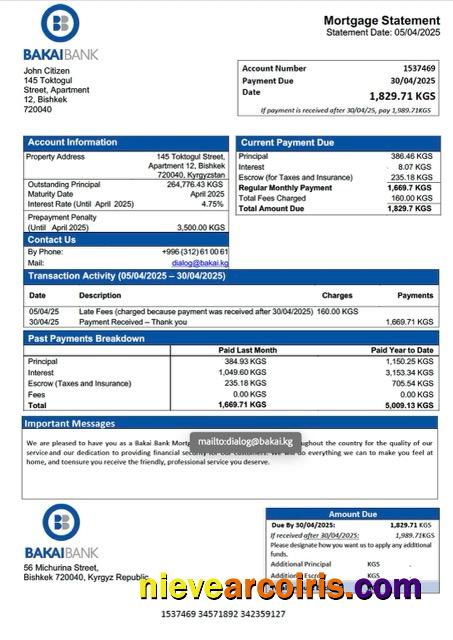 Editable Kyrgyzstan Bakai Bank Mortgage Statement Word And PDF Template