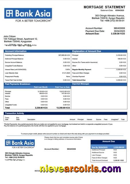 Realistic Kyrgyzstan Bank Of Asia Mortgage Statement Word And PDF Template