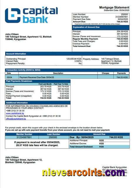 Professional Kyrgyzstan Capital Bank Kyrgyzstan Mortgage Statement Word And PDF Template
