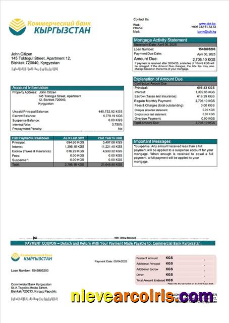 Realistic Kyrgyzstan Commercial Bank Kyrgyzstan Mortgage Statement Word And PDF Template