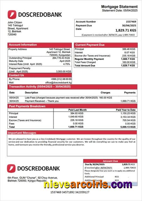 Premium Kyrgyzstan Dos Credobank Mortgage Statement Word And PDF Template
