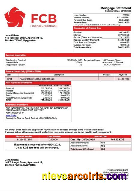 Professional Kyrgyzstan Finance Credit Bank Mortgage Statement Word And PDF Template