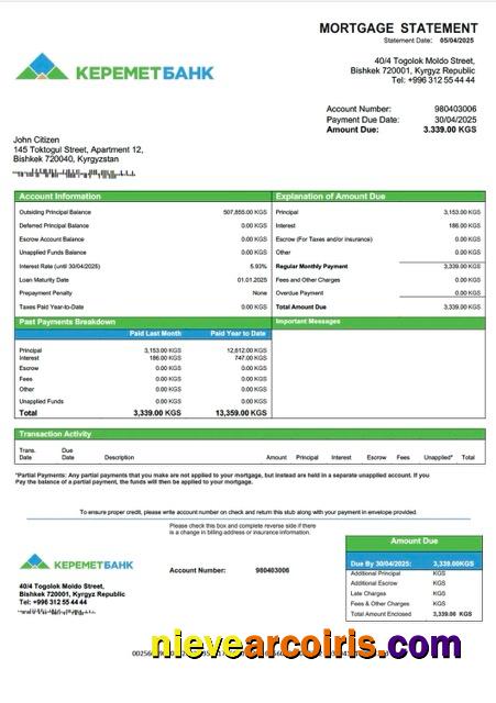 Editable Kyrgyzstan Keremetbank Mortgage Statement Word And PDF Template