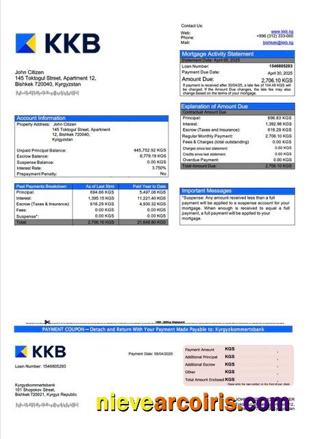 Realistic Kyrgyzstan Kyrgyzkommertsbank Mortgage Statement Word And PDF Template